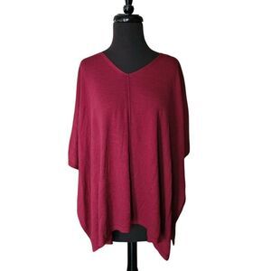 J. Jill Poncho Sweater Top Merino Wool Tencel Blend Dark Red One Size V Neck